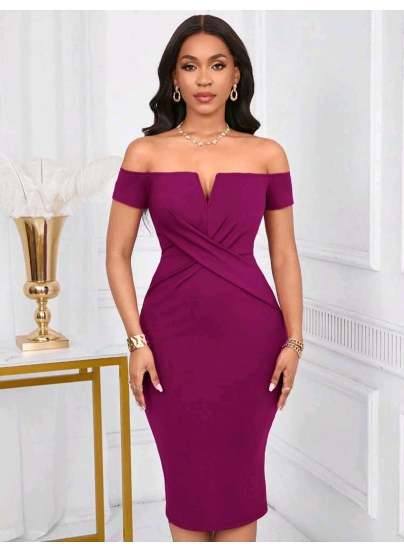 SHEIN Lunessa Women's Off-The-Shoulder V-Neck Fitted Bodycon Dress - Image 1